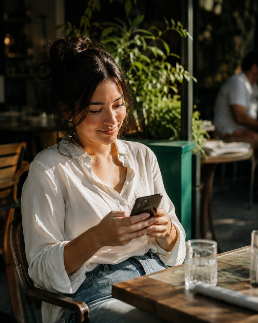 Une cliente commande depuis son téléphone, à la terrasse d'un café
