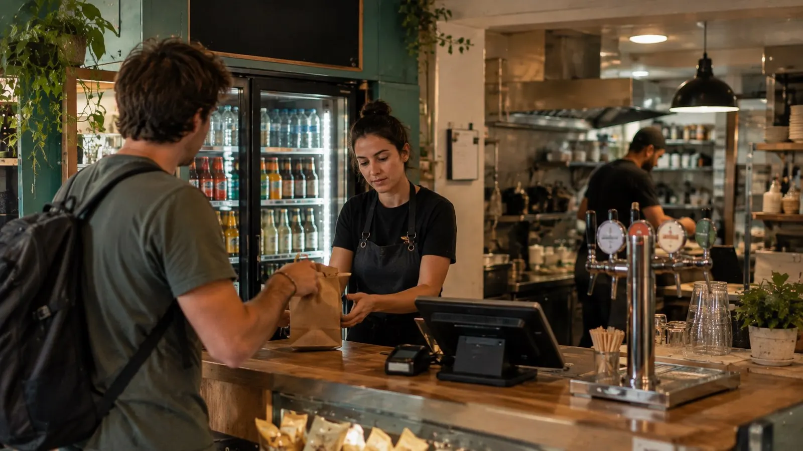 Au comptoir, une restauratrice remet sa commande à emporter à un client