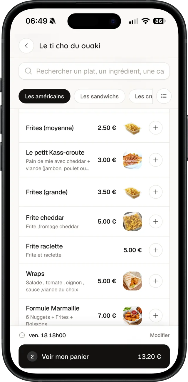 La carte ouverte sur un téléphone, après avoir scanné le QR code