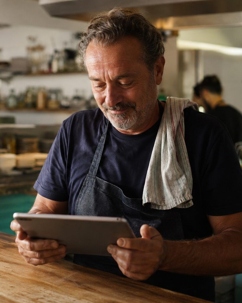 Un restaurateur derrière son passe, tablette en main, sa cuisine derrière lui